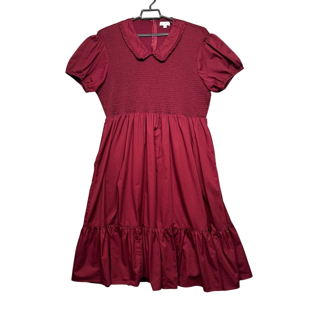 Ivy City‎ Addie Smocked Ruffle Midi Dress Cottagecore 2X Burgundy Short Sleeve